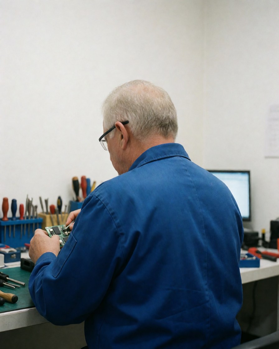 Technicien en uniforme bleu et lunettes réparant un circuit sur une table de travail avec des outils organisés.
