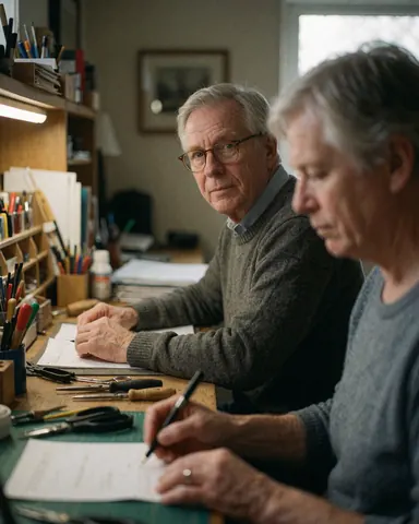 Deux adultes professionnels réalisant un dessin technique à un bureau en bois, entourés d'outils et de papiers dans un studio bien éclairé.