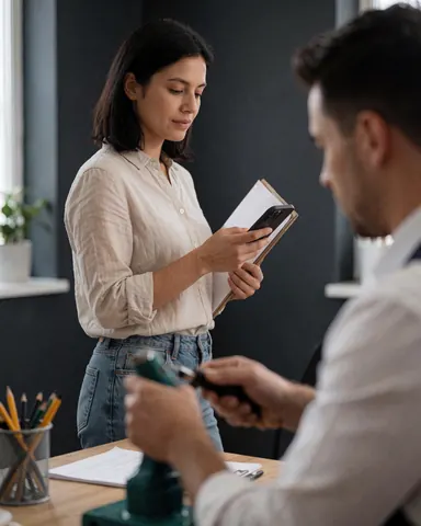 Une cliente heureuse consulte son smartphone dans un bureau moderne aux murs gris, tandis qu'un professionnel travaille à son bureau.