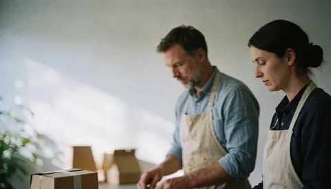 Deux individus portant des tabliers réalisent des tâches manuelles dans un atelier éclairé par la lumière naturelle, entouré de murs blancs et de cartons.