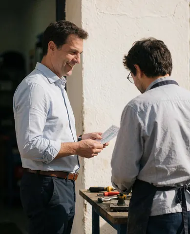 Cliente souriante vérifiant un document avec un professionnel dans un atelier, outils sur une table et mur en briques visibles.