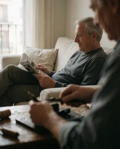 Un homme lit une revue sur un canapé confortable pendant qu'un autre travaille avec des outils sur une table dans un intérieur calme.