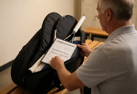 Un instructeur de tennis adulte range ses raquettes et prépare sa stratégie dans son sac sur un banc en bois dans le vestiaire.