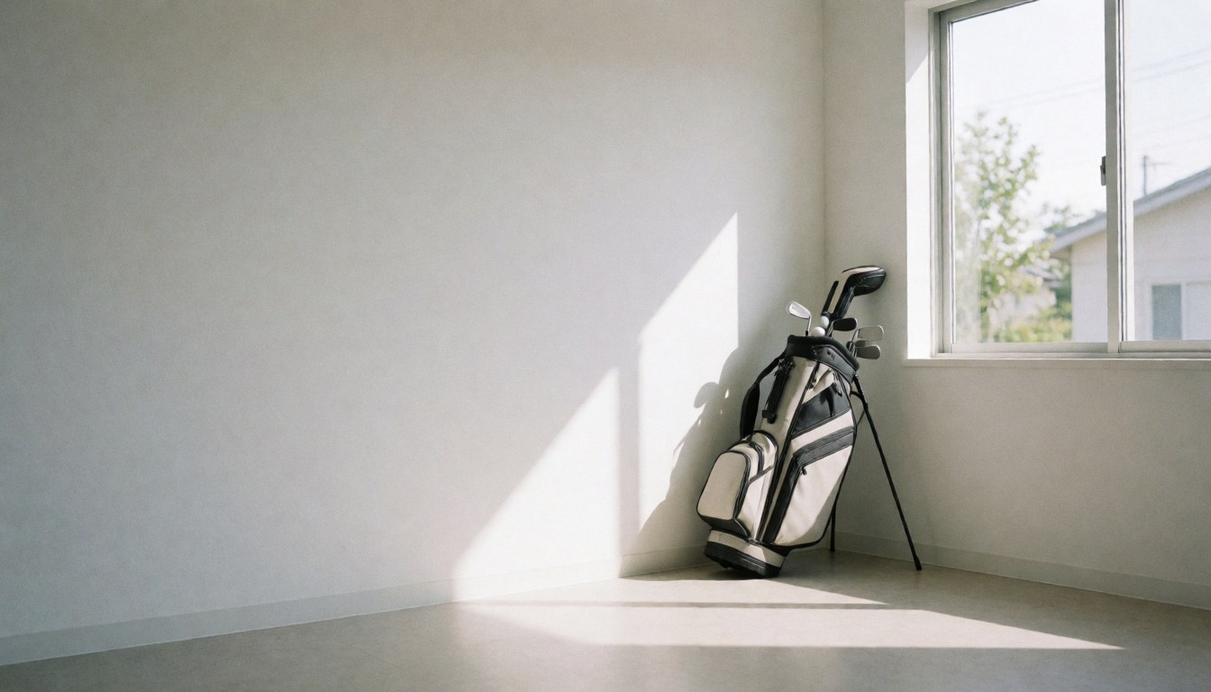 Sac de golf contenant des clubs posé dans un coin de bureau lumineux avec une fenêtre et un mur blanc, évoquant la tranquillité et le professionnalisme.