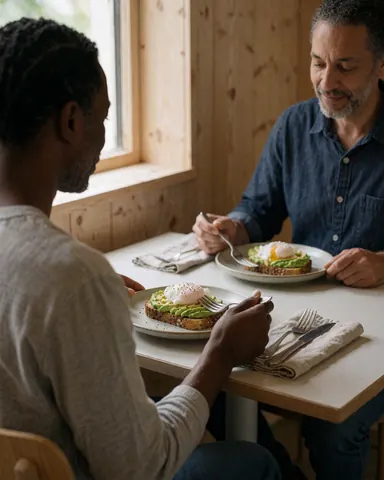 Deux personnes profitent d'un petit-déjeuner composé d'œufs pochés et d'avocat sur une table en bois dans un hébergement.