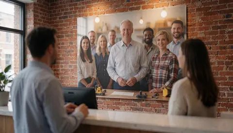 Panneau d'équipe professionnel dans un hall avec mur de briques apparentes, éclairage chaleureux et tables de réception.
