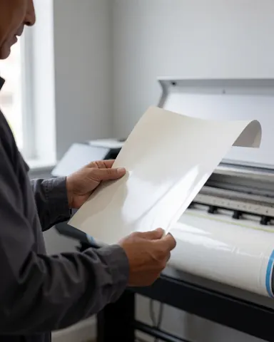Un client examine un vinyle fraîchement imprimé sur un plotter dans un atelier de graphisme professionnel éclairé par la lumière naturelle.