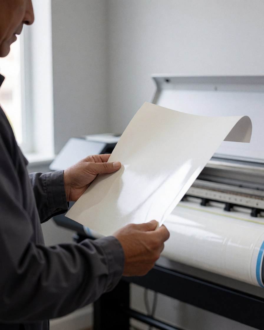 Un client examine un vinyle fraîchement imprimé sur un plotter dans un atelier de graphisme professionnel éclairé par la lumière naturelle.