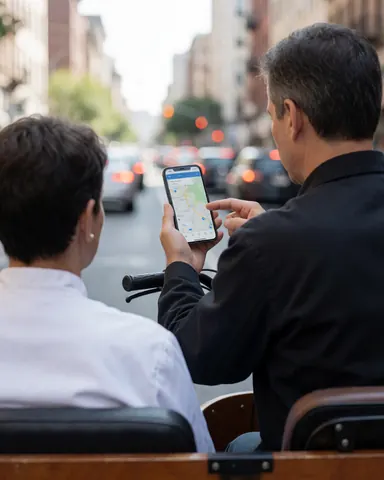 Conducteur de vélo-taxi transportant un client dans un side-car, utilisant un téléphone portable avec une carte numérique pour la navigation en ville.