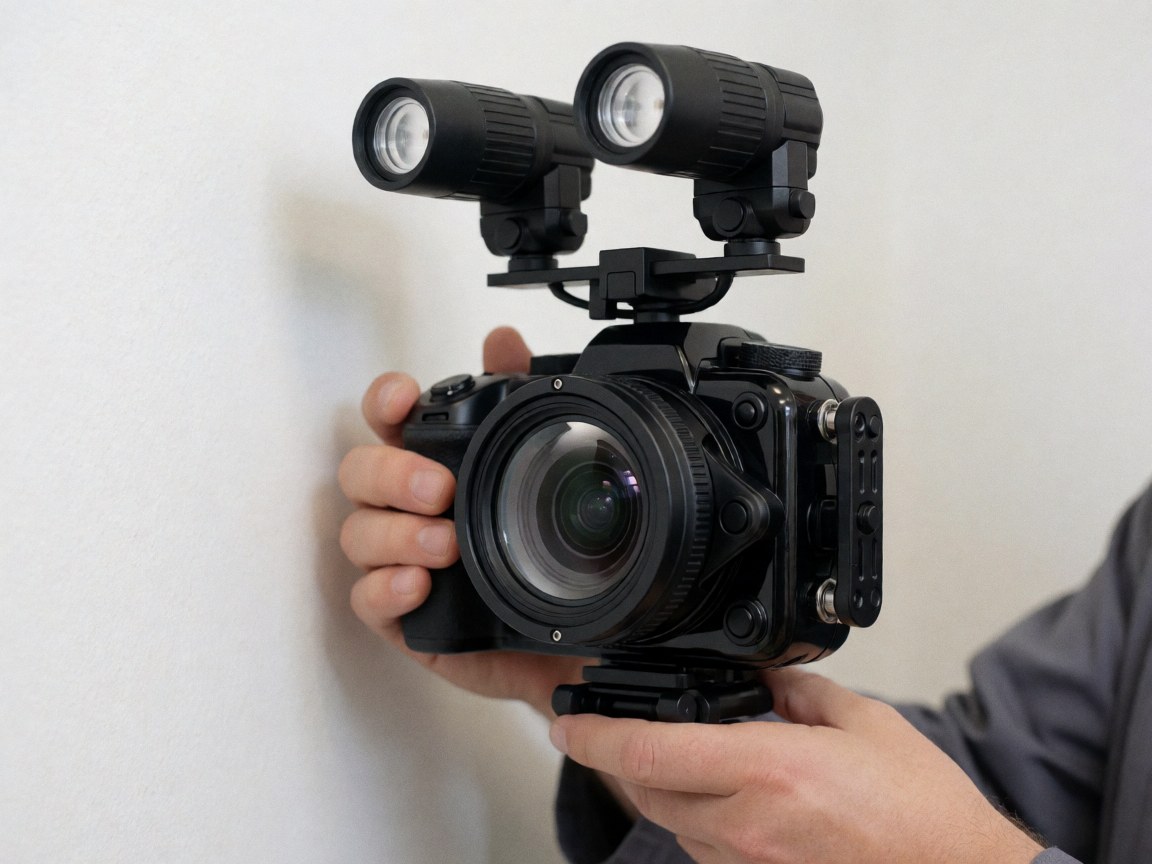 Caméra sous-marine professionnelle avec stroboscopes externes tenue par un photographe devant un fond blanc pour la documentation marine.
