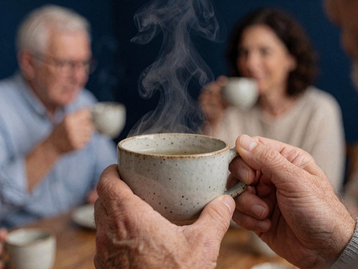 Des mains tenant une tasse de thé fumante avec de la vapeur s'élevant dans un intérieur chaleureux aux murs bleus et des personnes en arrière-plan flou.