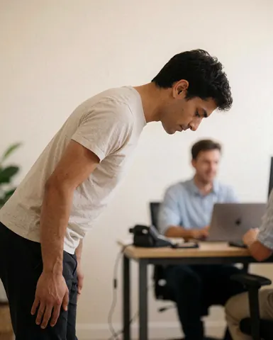 Un homme debout salue dans un bureau moderne avec un collègue travaillant sur un ordinateur portable en arrière-plan.