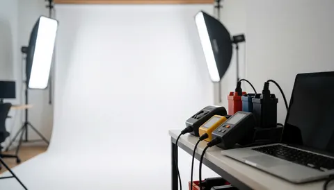 Fond blanc pour photographie de produit avec lumières de studio et équipement de charge sur une table, idéal pour textes commerciaux