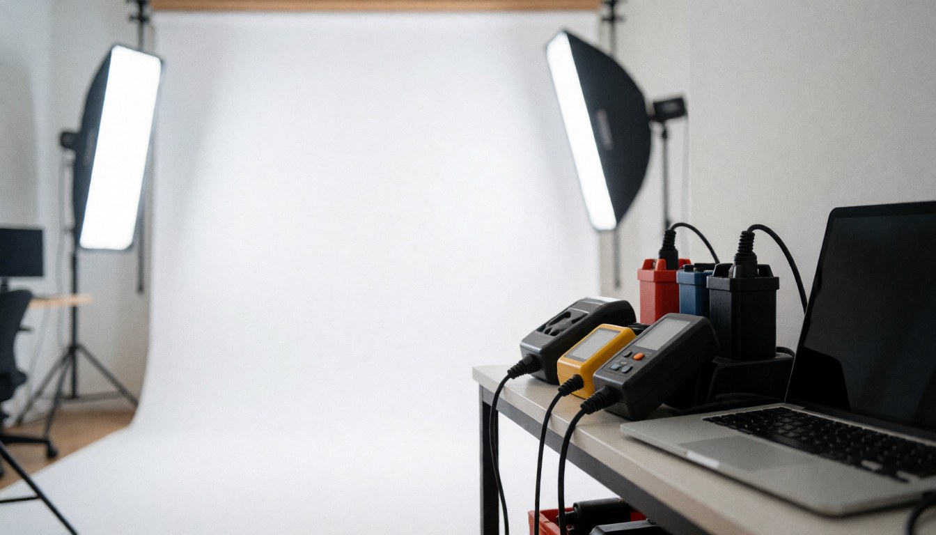 Fond blanc pour photographie de produit avec lumières de studio et équipement de charge sur une table, idéal pour textes commerciaux
