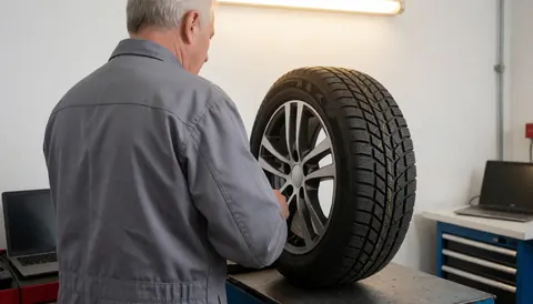 Un technicien examine un pneu hiver doté de rainures de siping et d'un symbole spécifique dans un atelier de pneus, illustrant un service de maintenance en cours.