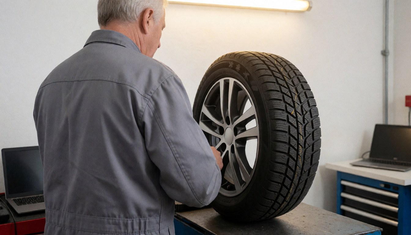 Un technicien examine un pneu hiver doté de rainures de siping et d'un symbole spécifique dans un atelier de pneus, illustrant un service de maintenance en cours.