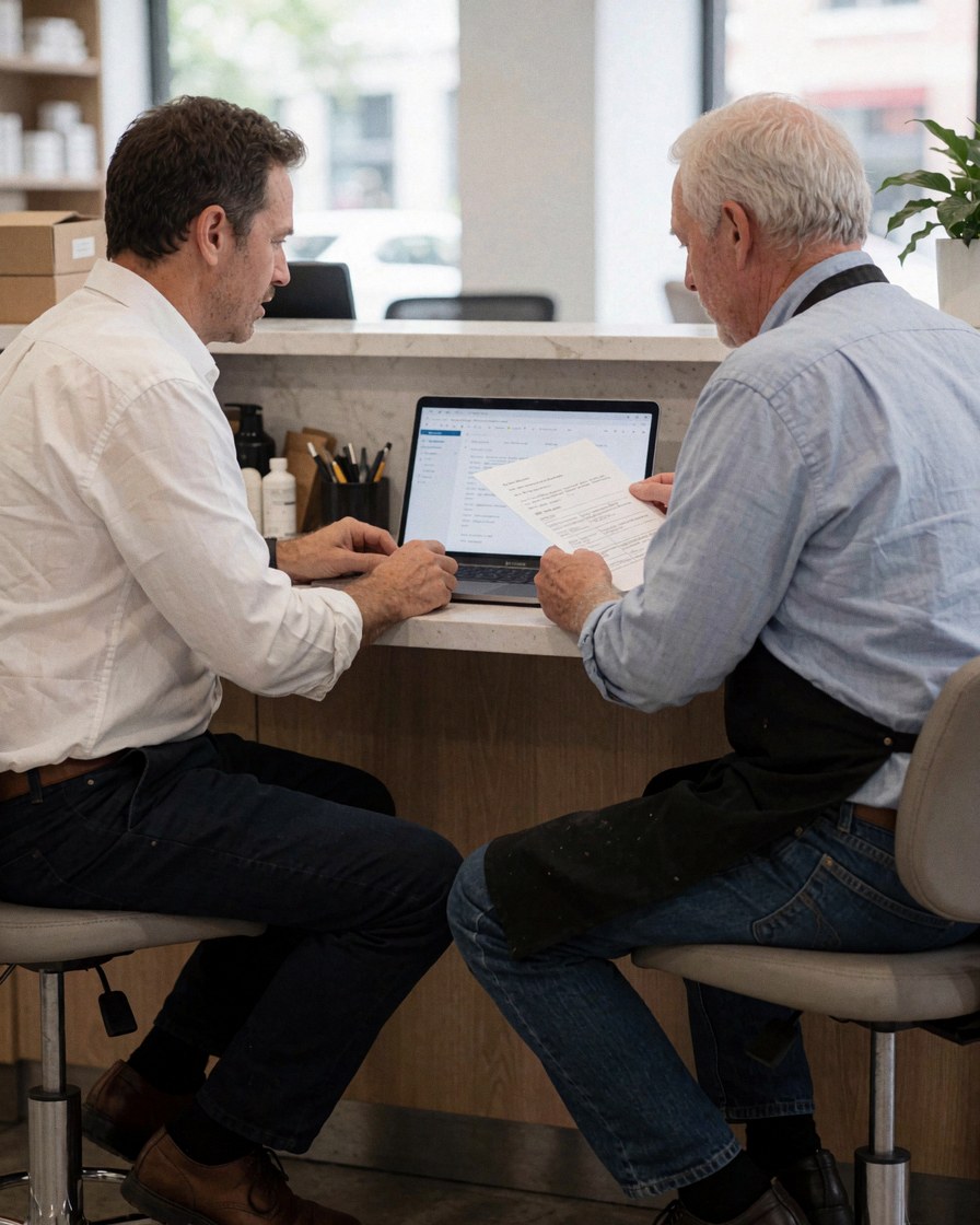 Deux hommes en réception consultent des documents sur un ordinateur portable, entourés de plantes et d'une table en marbre, dans un environnement professionnel et épuré.