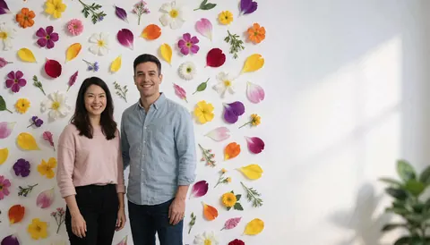 Fond blanc minimaliste orné de pétales floraux multicolores disposés avec élégance, offrant un espace vide à droite pour l'ajout de texte ou de graphiques commerciaux.