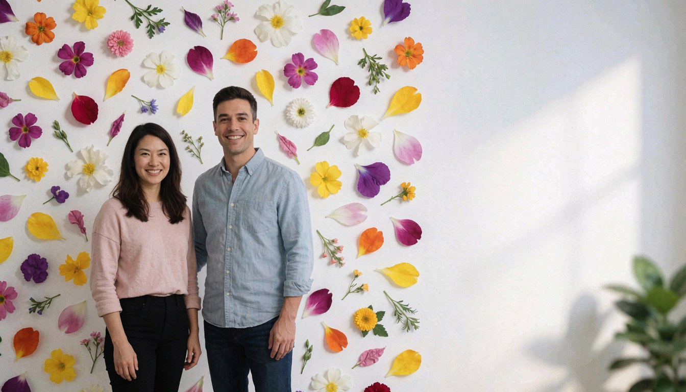 Fond blanc minimaliste orné de pétales floraux multicolores disposés avec élégance, offrant un espace vide à droite pour l'ajout de texte ou de graphiques commerciaux.