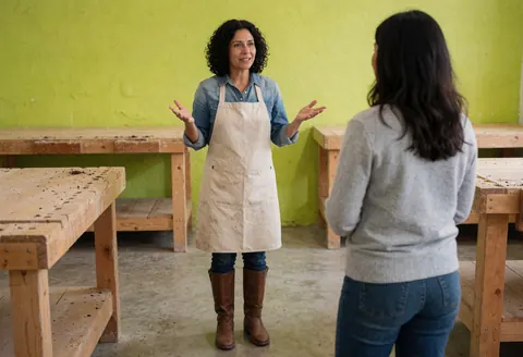 Une femme portant un tablier et des bottes explique à un client dans un atelier de menuiserie aux murs verts et aux tables de travail.