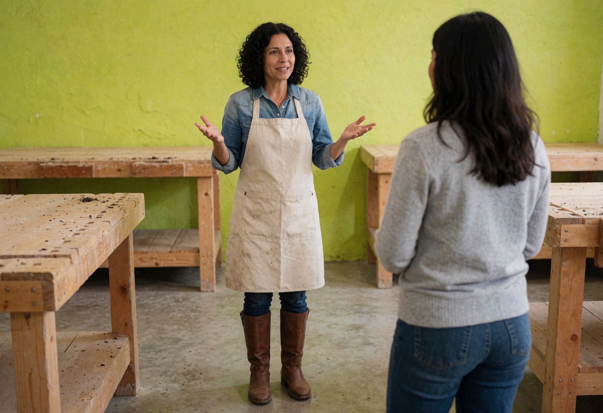 Une femme portant un tablier et des bottes explique à un client dans un atelier de menuiserie aux murs verts et aux tables de travail.