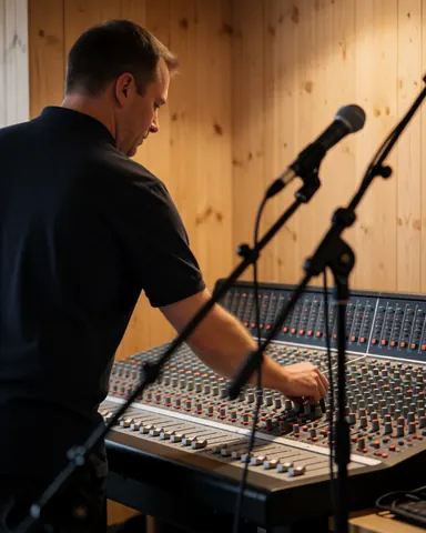 Un technicien du son règle le gain sur une table de mixage, entouré de microphones et de murs en bois dans une salle de réception.