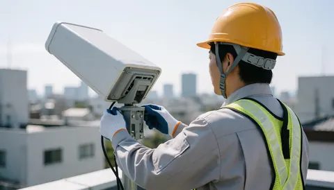 Technicien sur un toit ajustant une antenne directionnelle blanche, portant un casque jaune et un gilet réfléchissant, avec une ville en arrière-plan.