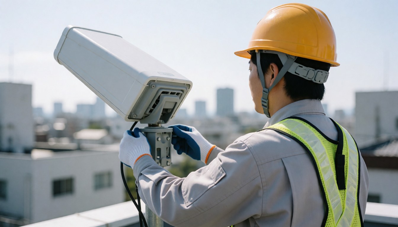 Technicien sur un toit ajustant une antenne directionnelle blanche, portant un casque jaune et un gilet réfléchissant, avec une ville en arrière-plan.