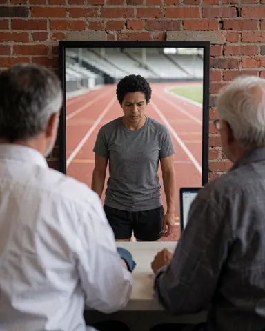 Deux entraîneurs observent un athlète sur une piste d'athlétisme reflété dans un miroir lors d'une séance privée dans un gymnase aux murs de briques.