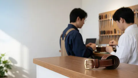 Ceinture en cuir marron avec boucle en laiton posée sur un comptoir en bois dans un atelier de réparation de montres avec des outils en arrière-plan.