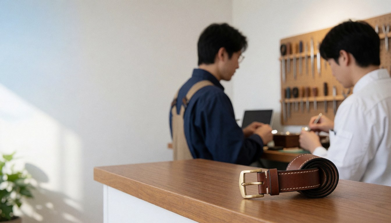 Ceinture en cuir marron avec boucle en laiton posée sur un comptoir en bois dans un atelier de réparation de montres avec des outils en arrière-plan.