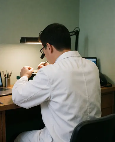 Un horloger professionnel portant une loupe et une blouse blanche utilise des pinces pour réparer une montre dans un atelier aux murs verts et à l'éclairage chaud.
