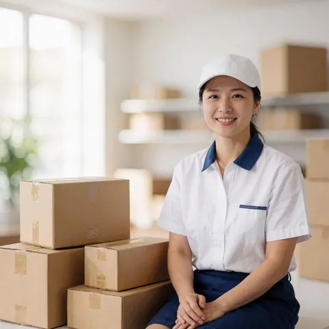 Une employée souriante en uniforme bleu et blanc, assise près de cartons dans un entrepôt moderne et lumineux.