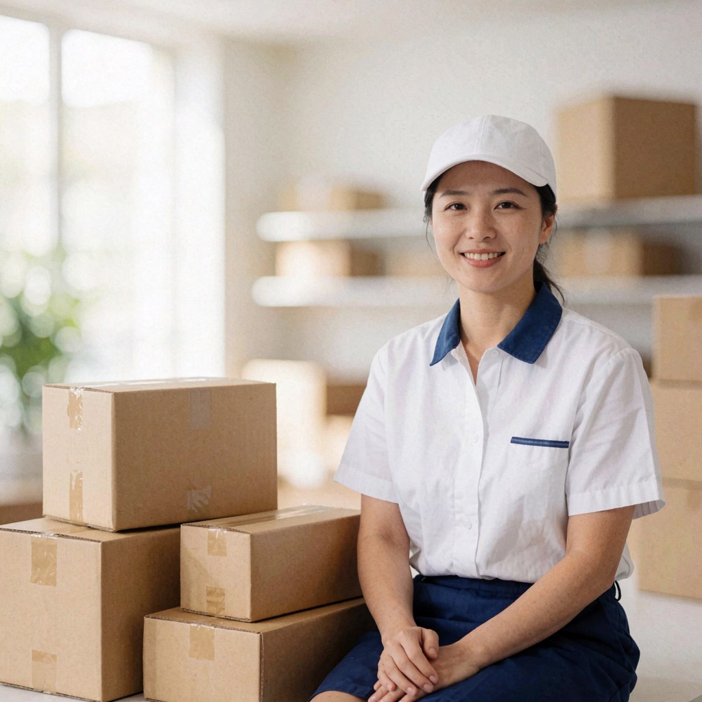 Une employée souriante en uniforme bleu et blanc, assise près de cartons dans un entrepôt moderne et lumineux.