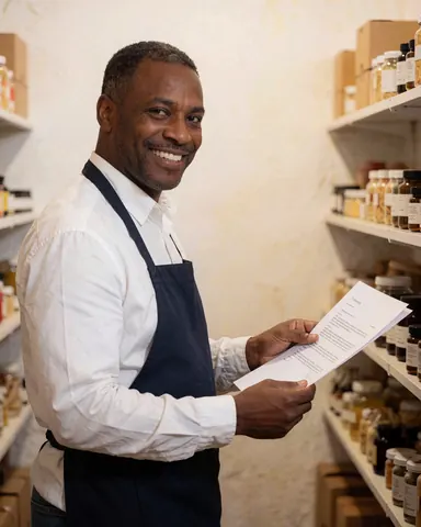 Un homme souriant portant un tablier tient un document dans un magasin avec des étagères de produits et un environnement chaleureux.