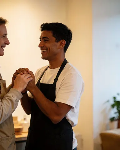 Un client et un employé sourient dans un atelier aux murs chaleureux, reflétant une relation positive et un environnement professionnel détendu.