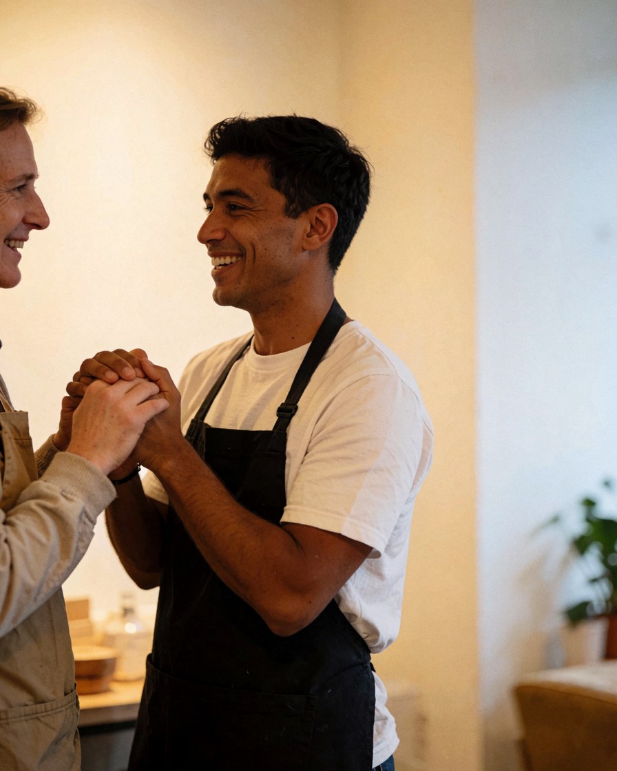 Un client et un employé sourient dans un atelier aux murs chaleureux, reflétant une relation positive et un environnement professionnel détendu.