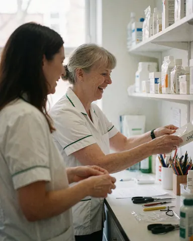 Deux thérapeutes souriants organisent des produits sur une étagère dans une clinique baignée de lumière naturelle.