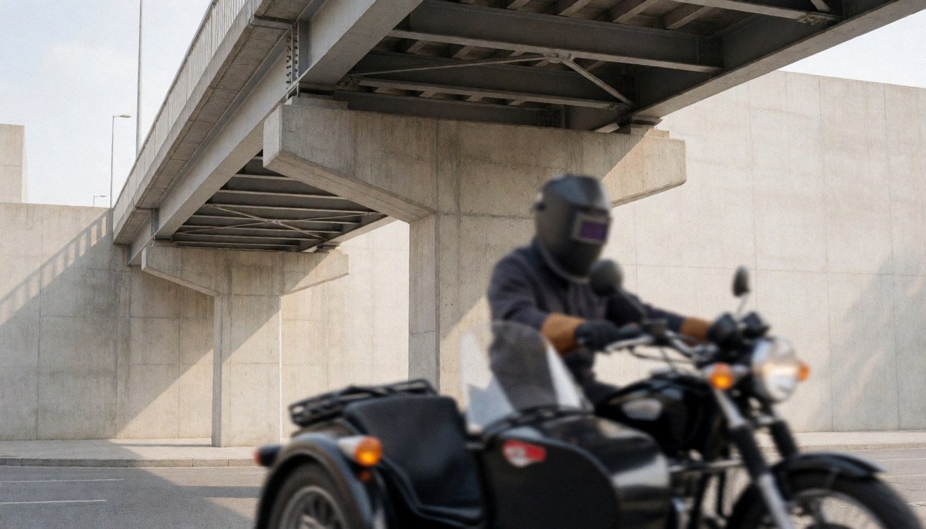 Moto avec sidecar stationnée sous un pont piétonnier en acier et béton, offrant un fond urbain neutre et structuré, idéal pour superposer du texte commercial ou des informations promotionnelles.
