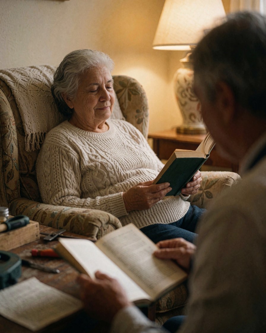 Une femme âgée lit un livre confortablement installée dans un fauteuil, éclairée par une lampe de table dans un intérieur chaleureux et apaisant.