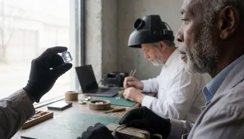 Un horloger ganté tient un verre sur une table de travail tandis qu'un autre professionnel travaille en arrière-plan avec des outils dans un atelier éclairé par la lumière naturelle.