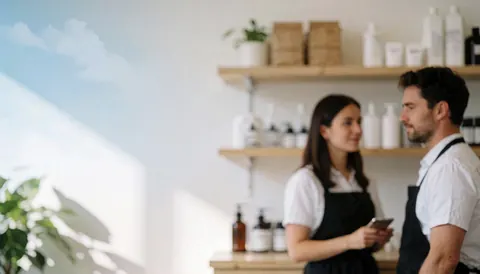 Vue intérieure d'un salon de beauté moderne avec des étagères remplies de produits et une lumière naturelle douce, offrant un espace calme et professionnel pour la publicité.