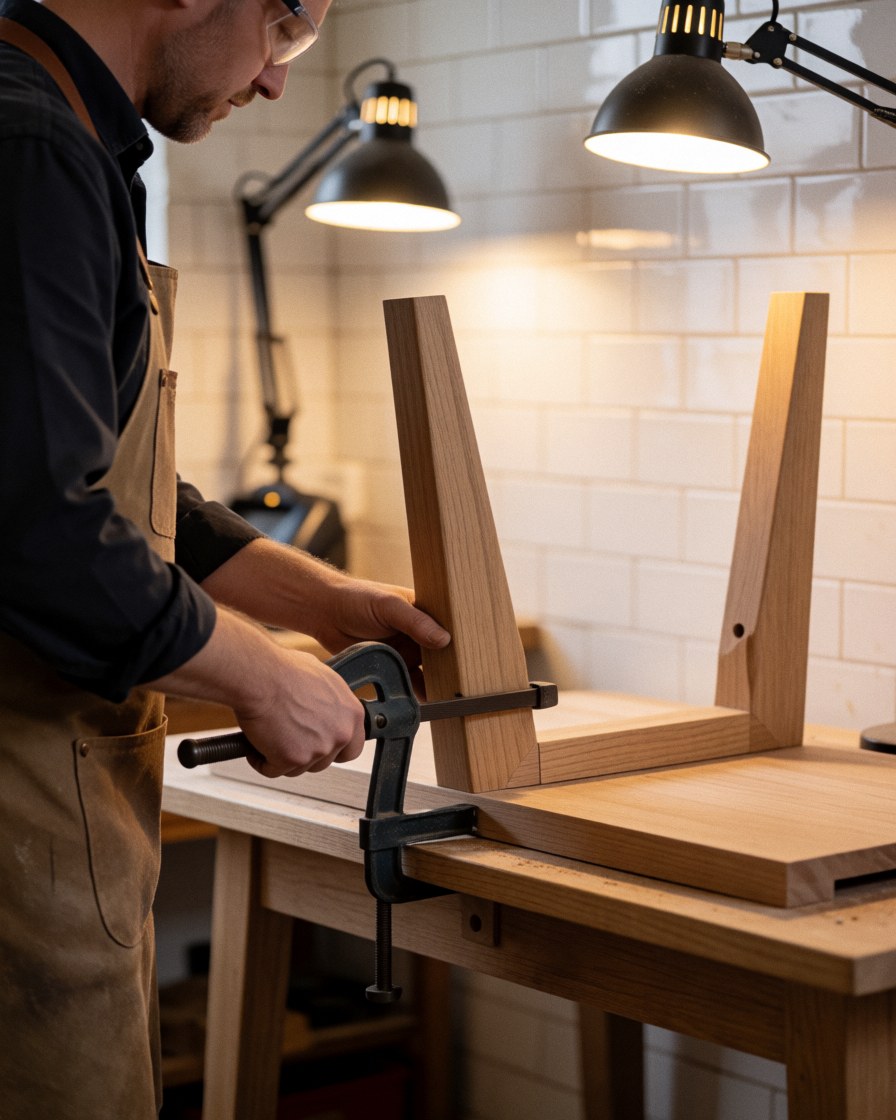 Un menuisier utilise un serre-joint pour assembler les pieds d'une table en bois dans un atelier éclairé par des lumières chaudes et aux murs carrelés de blanc.