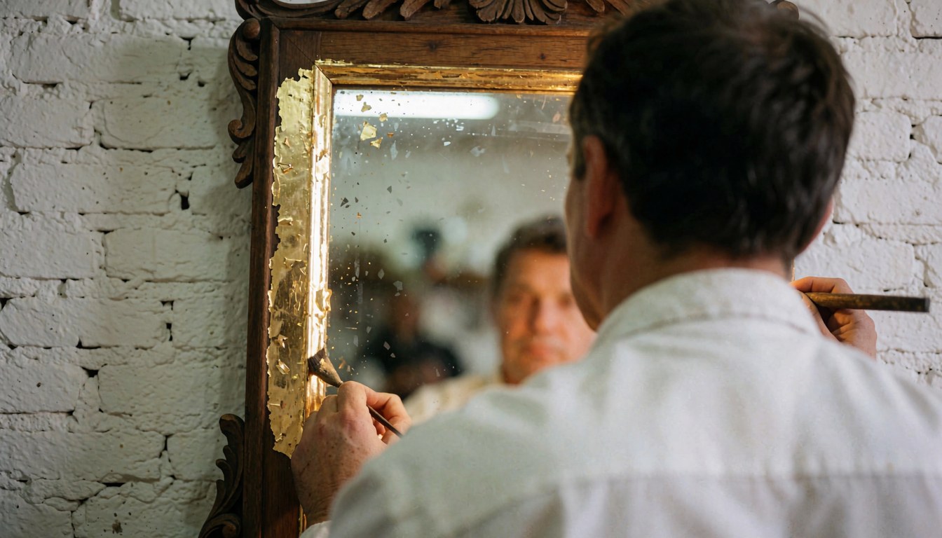Un artisan applique de la dorure sur un cadre de miroir dans un atelier avec un mur en briques blanches et un reflet visible.