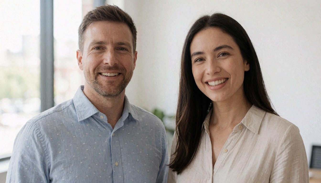 Deux personnes souriantes regardant l'objectif, vêtues de chemises à manches longues, dans un bureau moderne baigné de lumière naturelle.