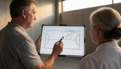Entraîneur de volleyball expliquant une stratégie avec un tableau tactique sur un terrain de volley, éclairé par une lumière chaude de fenêtre.