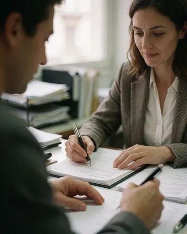 Scène professionnelle montrant deux individus signant des papiers sur une table avec une plume, évoquant le monde des affaires.