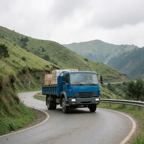 Un camion bleu chargé de palets circule sur une route sinueuse en montagne, sous un ciel nuageux, illustrant le transport de marchandises.