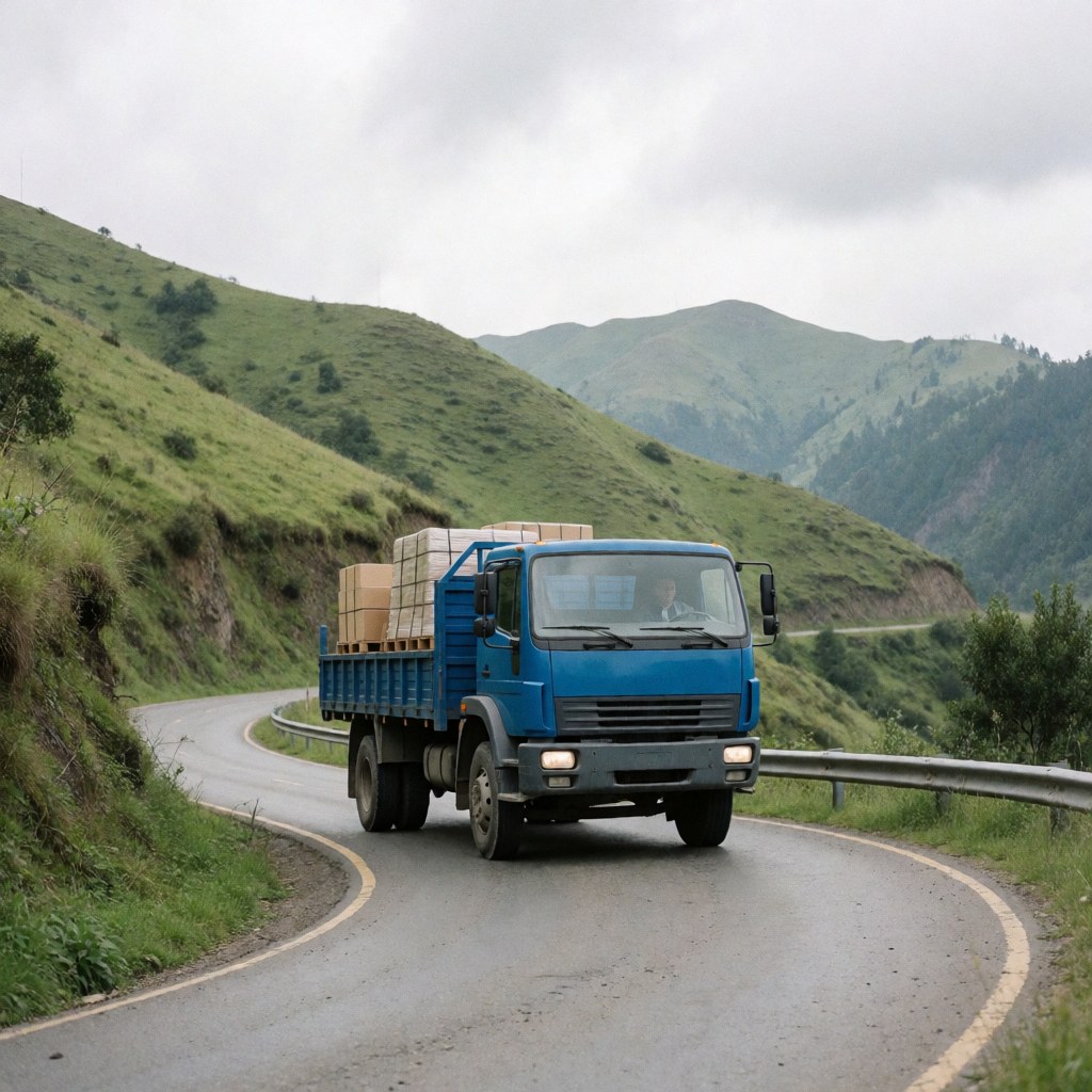 Un camion bleu chargé de palets circule sur une route sinueuse en montagne, sous un ciel nuageux, illustrant le transport de marchandises.