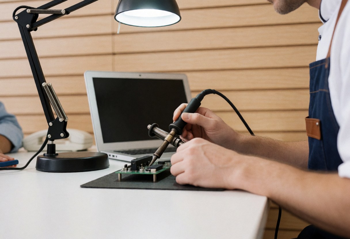 Technicien en train de souder une carte électronique à l'aide d'une lampe de bureau dans un atelier de robotique avec un mur en bois clair et du matériel moderne.